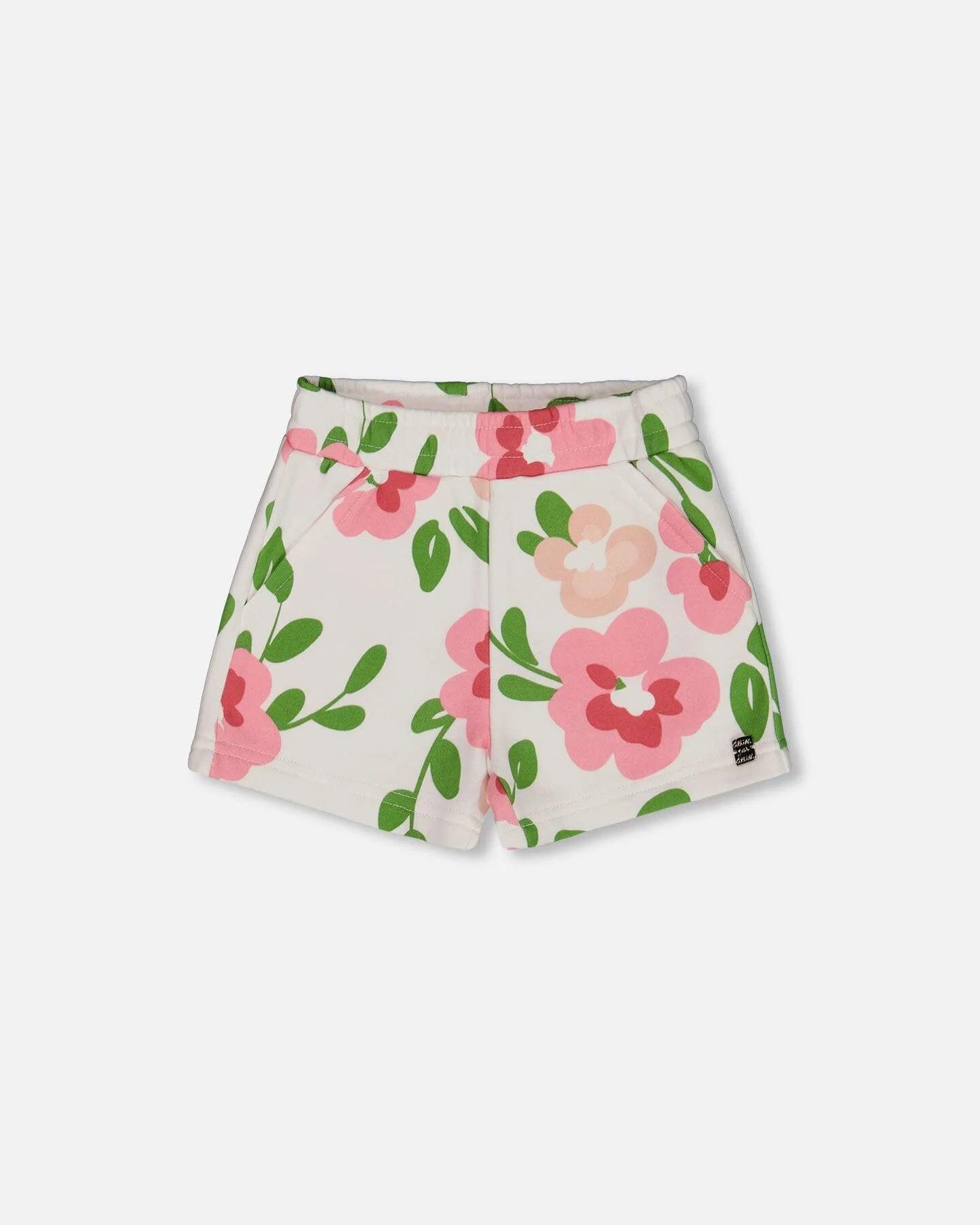 Printed French Terry Short Pink Flowers On White Background - Deux par Deux | Deux par Deux Childrens Designer Clothing