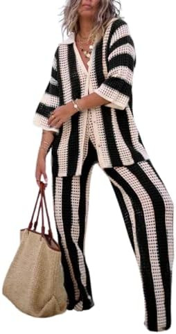 NIFTRIRY Women Cover Up Sets Button Up Tops with Pants Crochet Set Outfit 2 Piece Outfits Vacatio... | Amazon (US)