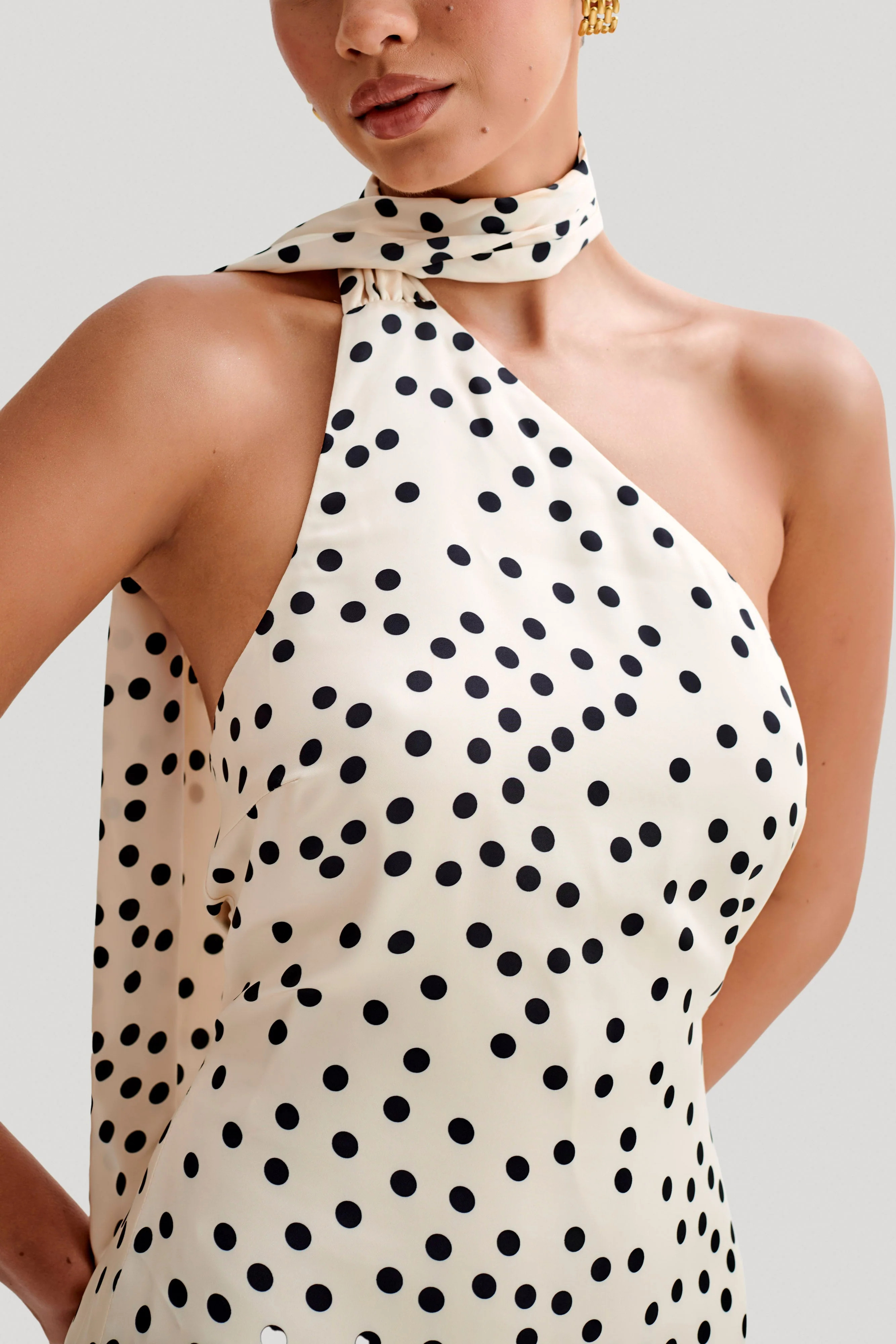 Joan Satin Asymmetrical Mini Dress - Polkadot | MESHKI US