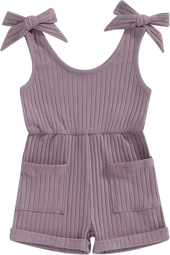 Toddler Baby Girl Romper Summer Ribbed Bow Straps Jumpsuit Playsuit Botton Down Tank Vest Romper ... | Amazon (US)