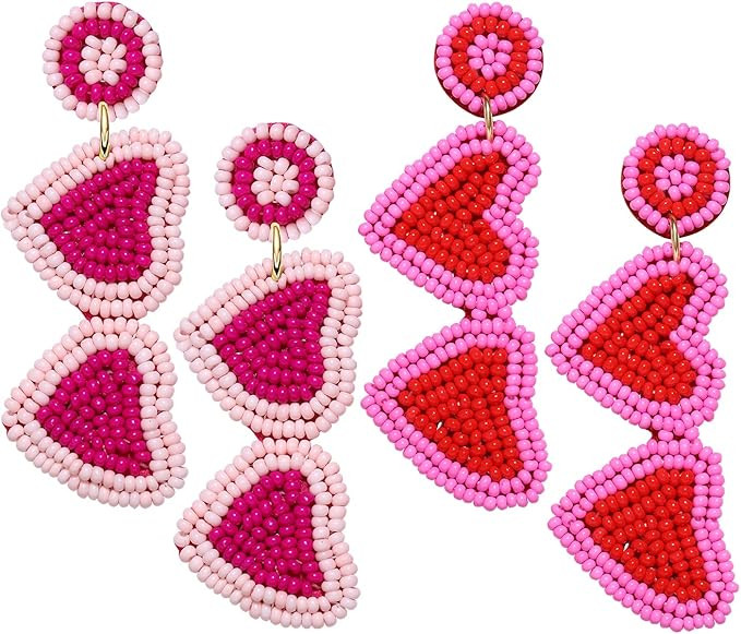 Valentines Heart Earrings 2 Pairs Beaded Heart Dangling Earrings for Women Girls Hypoallergenic H... | Amazon (US)