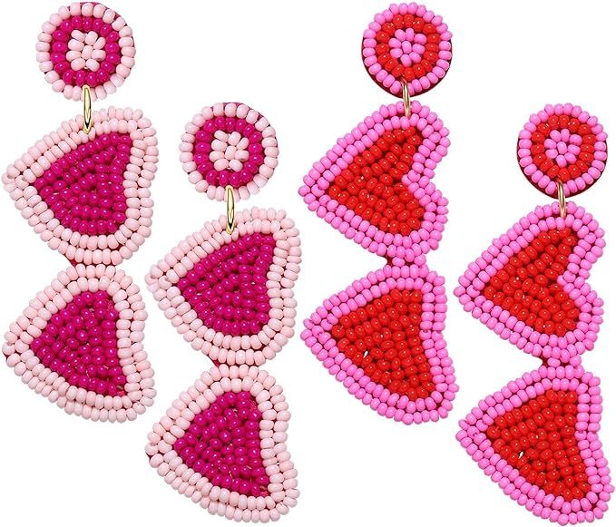 Valentines Heart Earrings 2 Pairs Beaded Heart Dangling Earrings for Women Girls Hypoallergenic H... | Amazon (US)