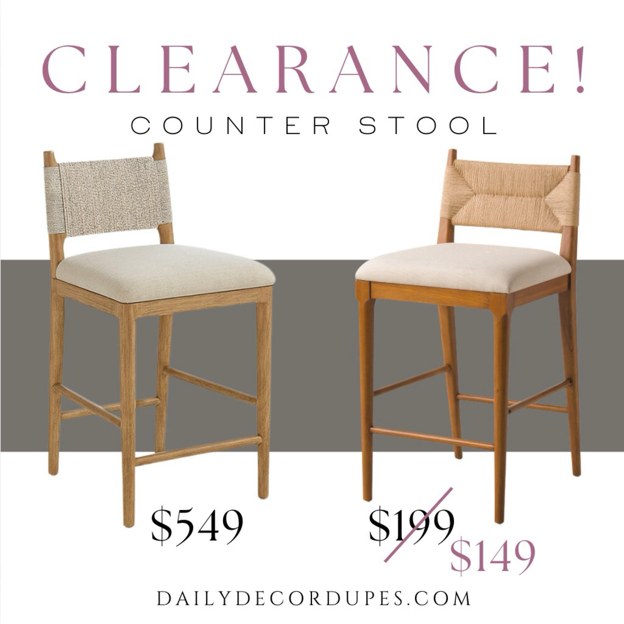 Dupe for the Ballard Designs Bridget Counter Stool. Rope seagrass back counter stool bar stool barstool dupes. Kitchen chairs kitchen island. Organic modern design style. Studio McGee inspired. McGee & Co. dupe counter stools. Amber Interiors like counter stools on clearance! White upholstered counter stools with light wood frame. Modern design style. Rustic farmhouse style. Dupe dupes more affordable option find replica copy cat similar look for less budget friendly affordable cheap cheaper beautiful pretty. Clearance sale coupon code discount code promo code luxury lookalike look a like Inspo inspiration inspired by idea ideas Love dupes like these? I share multiple every day in my FB group “DAILY DECOR DUPES”

#LTKHome #LTKSaleAlert