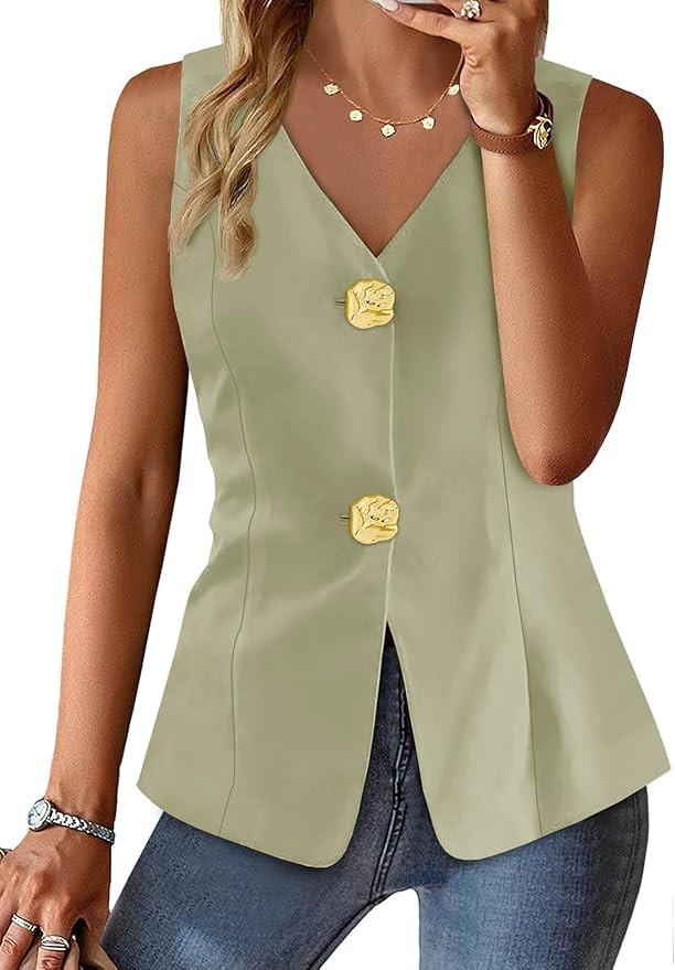 Cicy Bell Womens Summer V Neck Vest Tops Button up Sleeveless Casual Waistcoat Business Fitted Bl... | Amazon (US)
