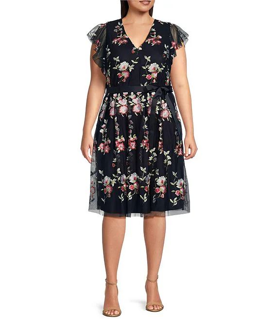 Jessica Howard Plus Size Short Flutter Sleeve V-Neck Floral Embroidered Mesh Dress | Dillard's | Dillard's