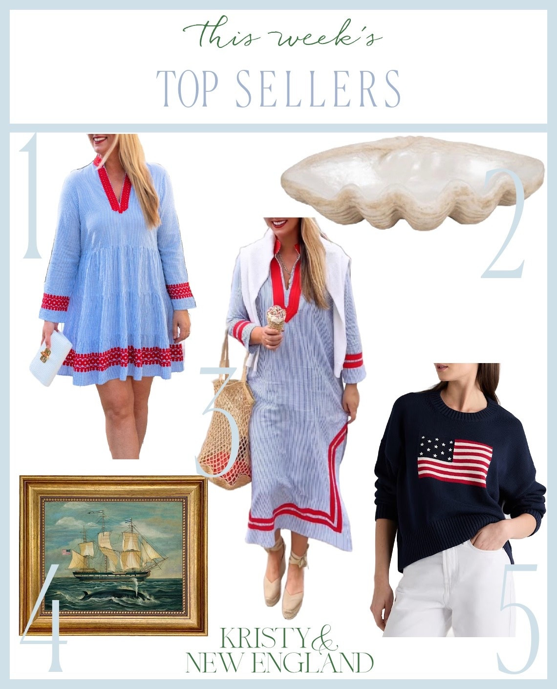 Top Sellers of the past week: seersucker dress, red white and blue dress, clam shell decor, whale & ship framed art, navy flag sweater