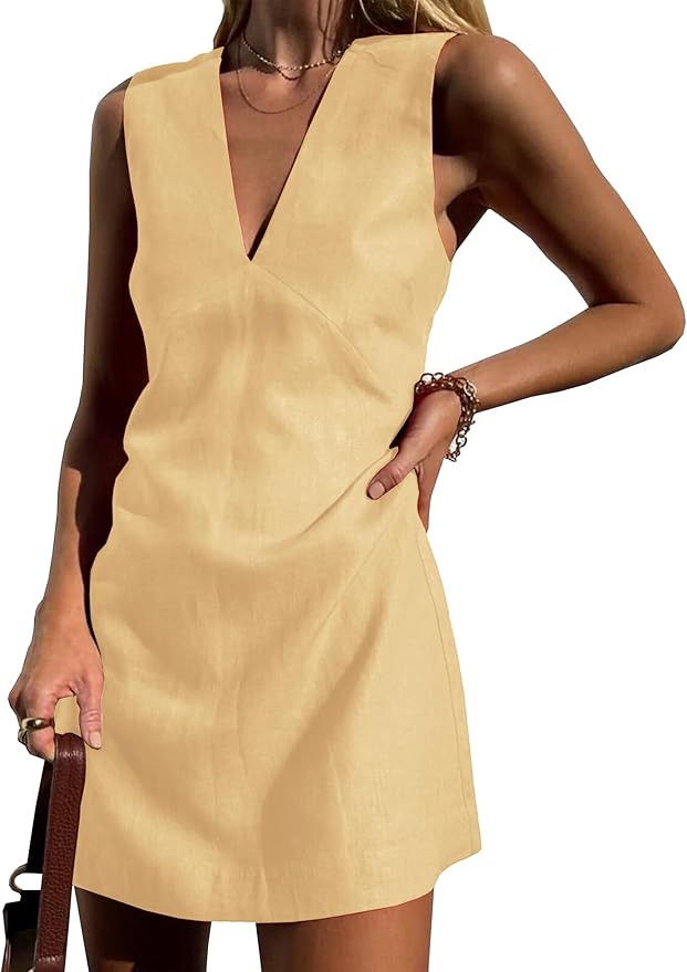 Womens Summer Cotton Linen V Neck Short Dress Sleeveless Mini Dress Casual A Line Tank Dress Sund... | Amazon (US)