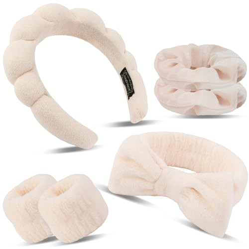 SuPoo 6pcs Khaki Spa Headband Set - Sponge Face and Makeup Headbands, Wristbands, Terry Cloth Hair Ties - Cute Puffy Skincare Gifts for Teens | Amazon (US)