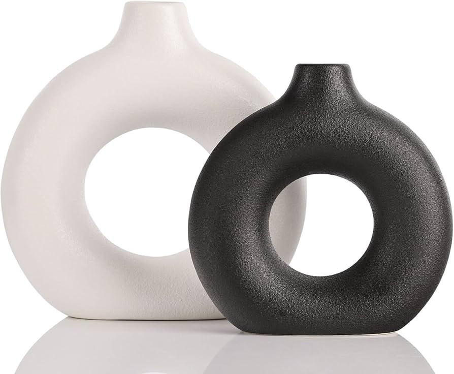 Ceramic Hollow Circle Vase Set of 2 - Minimalist Boho Pampas Grass Waterproof White Black Vase Se... | Amazon (US)