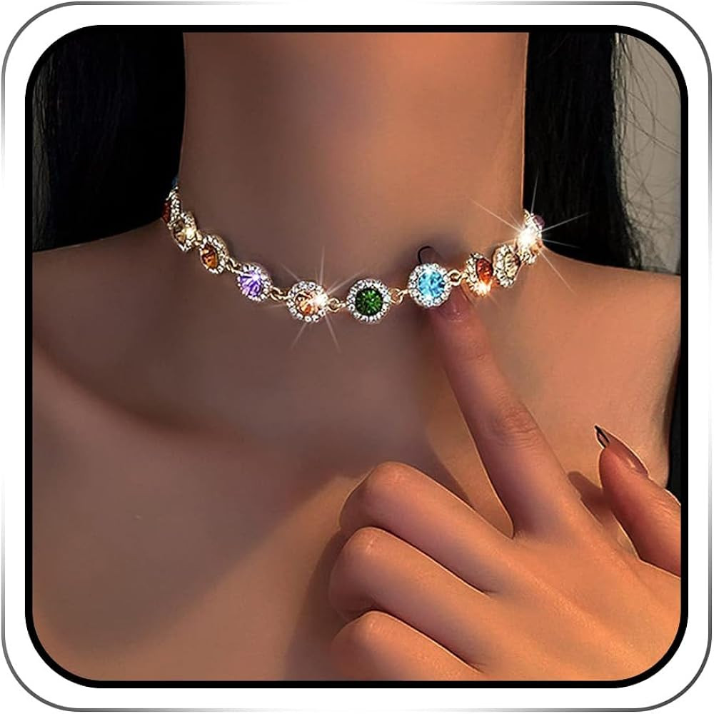 JEAIRTS Multi-color Rhinestone Choker Necklace Sparky Crystal Chokers Glitter Party Prom Necklace... | Amazon (US)