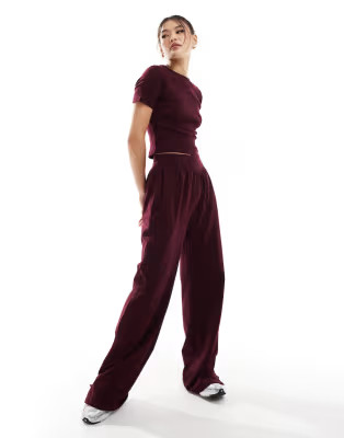 Kaiia fitted t-shirt and wide leg joggers co-ord in burgundy | ASOS (Global)