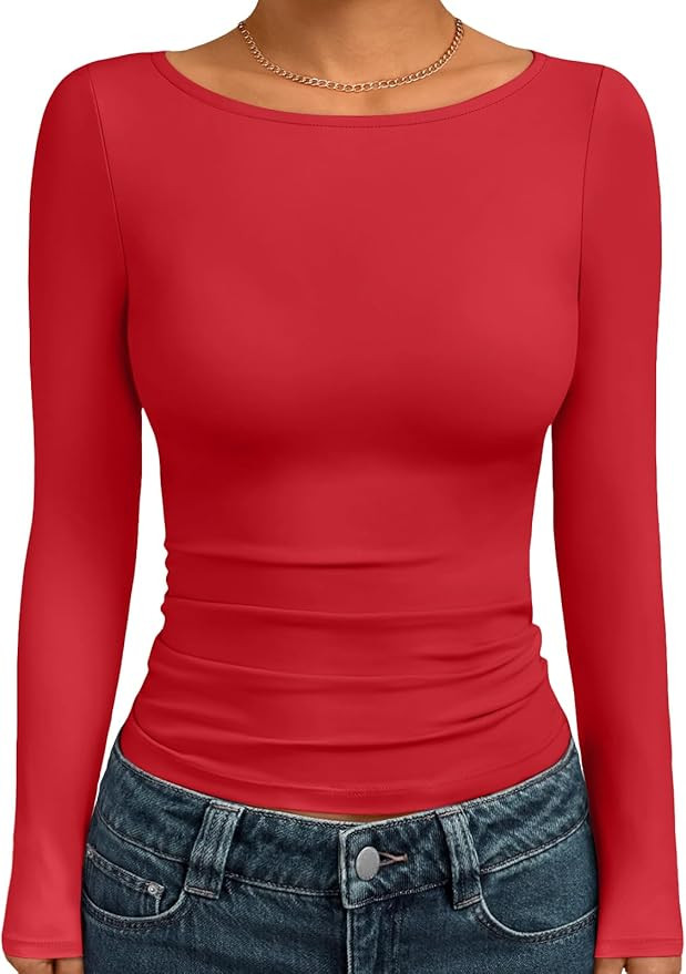 Trendy Queen Women's Boat Neck Tops Long Sleeve Shirts Casual Fitted Tee Shirts Solid Color Fall ... | Amazon (US)