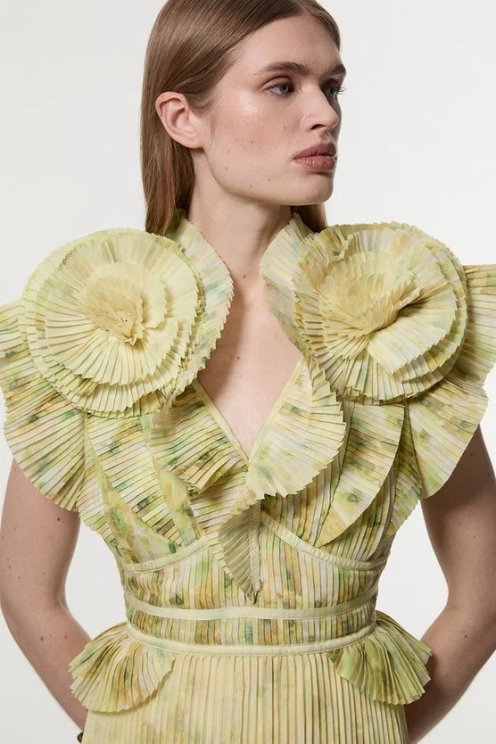 Crinkle Pleat Border Print Maxi Dress With Rosette Detail | Karen Millen UK + IE + DE + NL