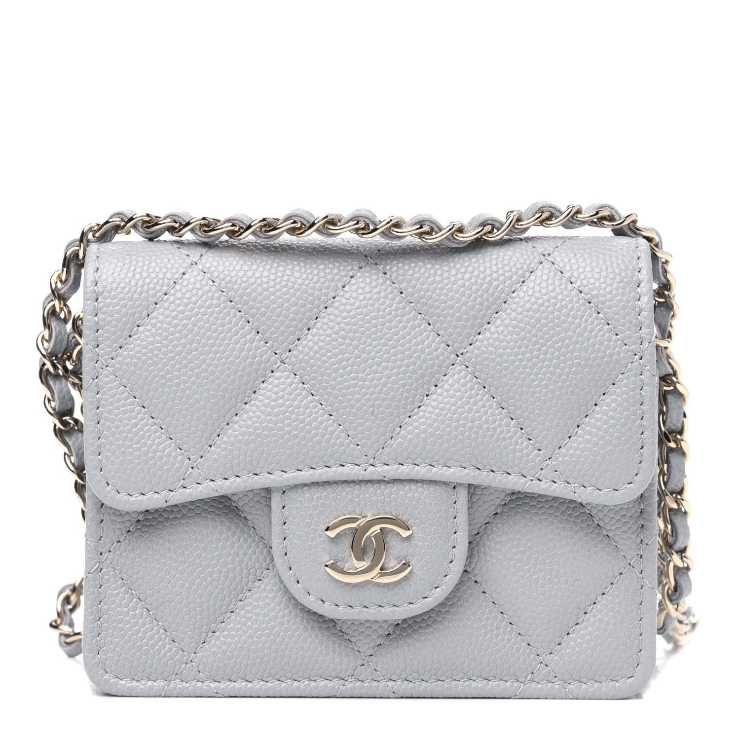CHANEL

 Caviar Quilted Flap Card Holder On Chain Grey | Fashionphile