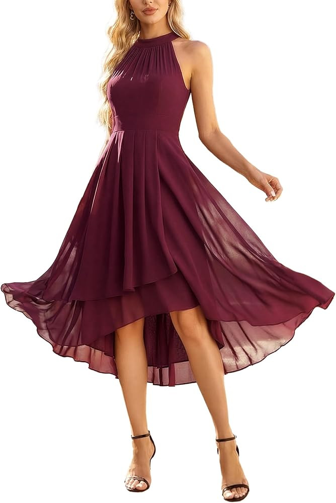 Ever-Pretty Women's Sexy Halter Neck Pleated Sleeveless Hi-Lo Chiffon Spring Wedding Guest Dress ... | Amazon (US)