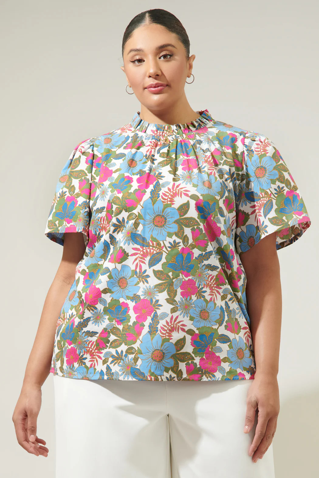 Avitall Floral Classic Ruffle Sleeve Top Curve | Sugarlips