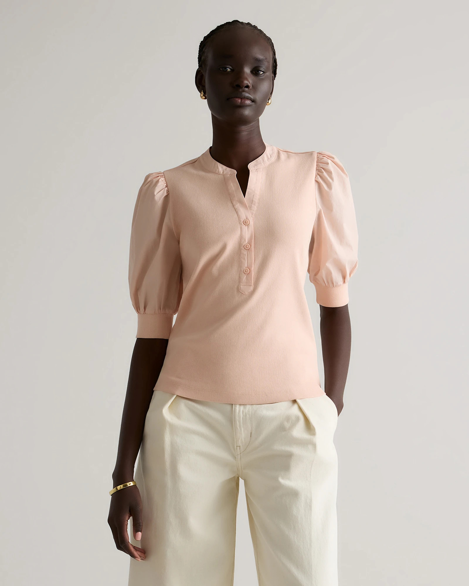 Cotton Mixed Media Puff Sleeve Top | Quince