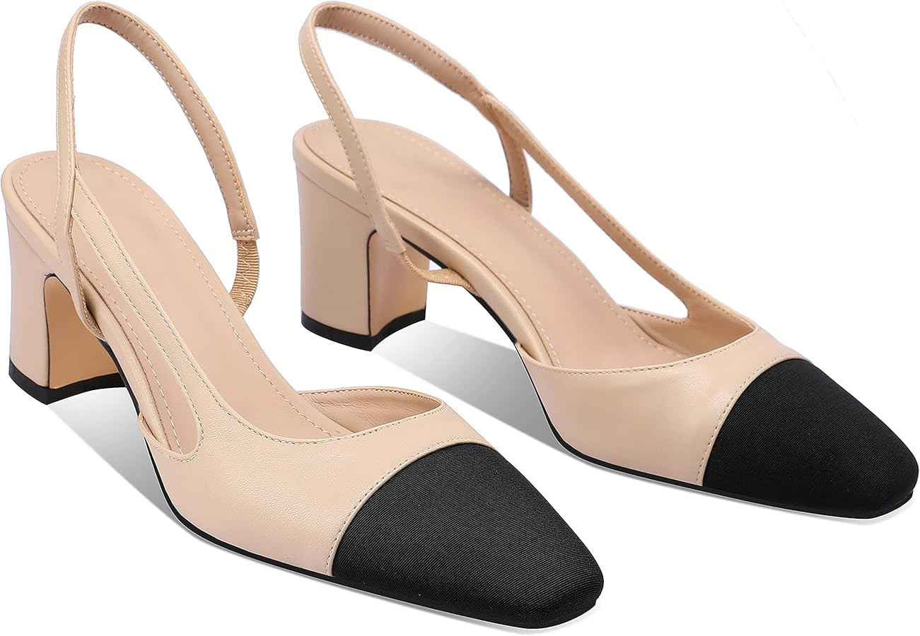 LauraVicci Heeled Slingback Pumps Two Toned Splicing Closed Round Toe Chunky Block Heels Sandals ... | Amazon (CA)