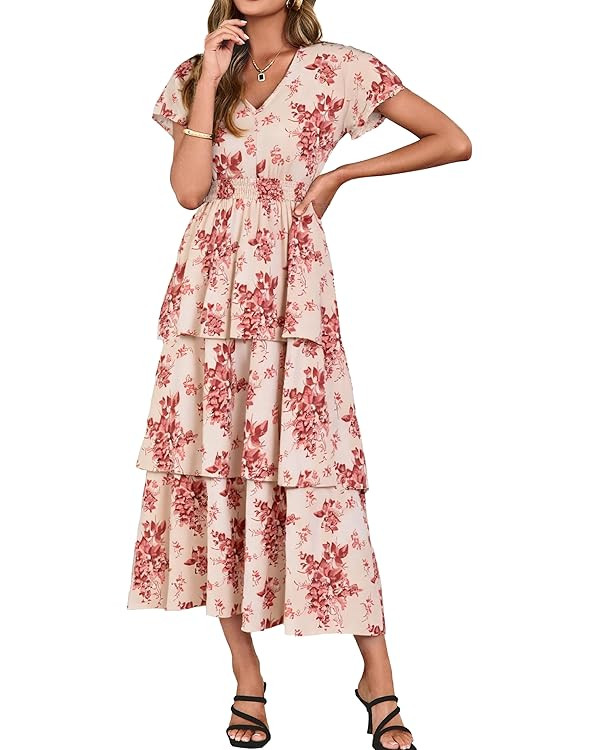 Simplee Women Floral Summer Maxi Dress Boho Flowy Ruffle Tiered Short Sleeves V Neck Long Wedding... | Amazon (US)