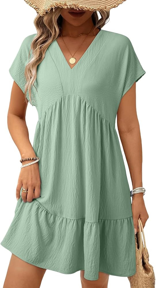 Acelitt Women's Summer Dresses 2026 Beach Casual Deep V Neck Loose Sundress Short Sleeve Mini Dre... | Amazon (US)