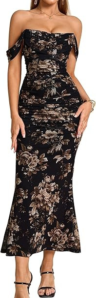 KUTUMAI Off The Shoulder Maxi Long Dress Corset Ruched Bodycon Formal Wedding Guest Dresses for W... | Amazon (US)