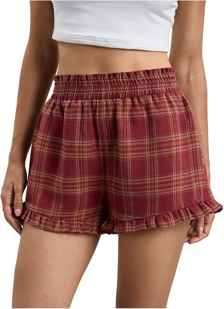 MakeMeChic Women's Gingham Ruffle Lounge Shorts Elastic High Waist Pajamas Boxer Shorts | Amazon (US)