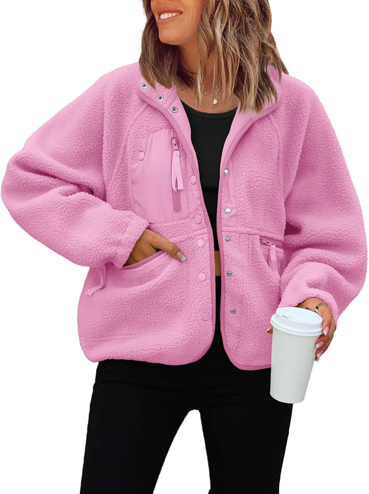 ReachMe Womens Casual Lapel Long Sleeve Sherpa Jacket Button Down Fuzzy Fleece Coat Winter Y2K Ou... | Amazon (US)