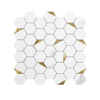 Hexagon Mosaic Tiles Gold Studded Design 12.5 in. x 12.1 in. PVC Peel and Stick Tile Backsplash (... | The Home Depot