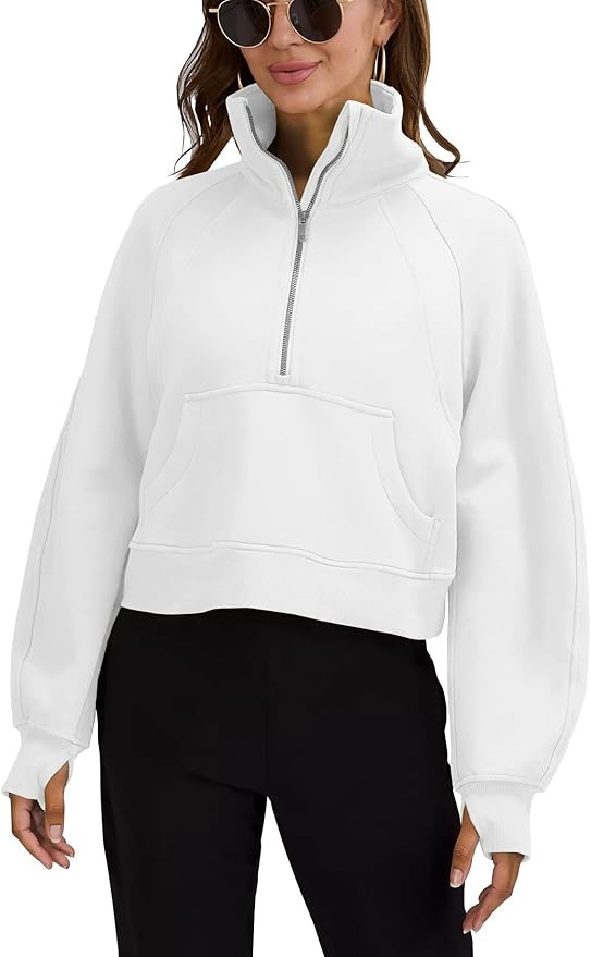 Womens Sweatshirts Half Zipper Crop Pullover Funnel Neck Fleece Lined Zip Up Long Sleeve Tops Thu... | Amazon (US)