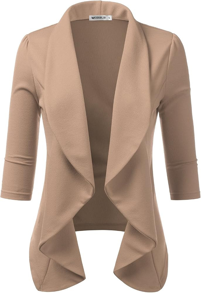 DOUBLJU Lightweight Thin 3/4 Sleeve Open Front Blazer Business Casual Deconstructed Jackets for Womens Clothes with Plus Size | Amazon (US)