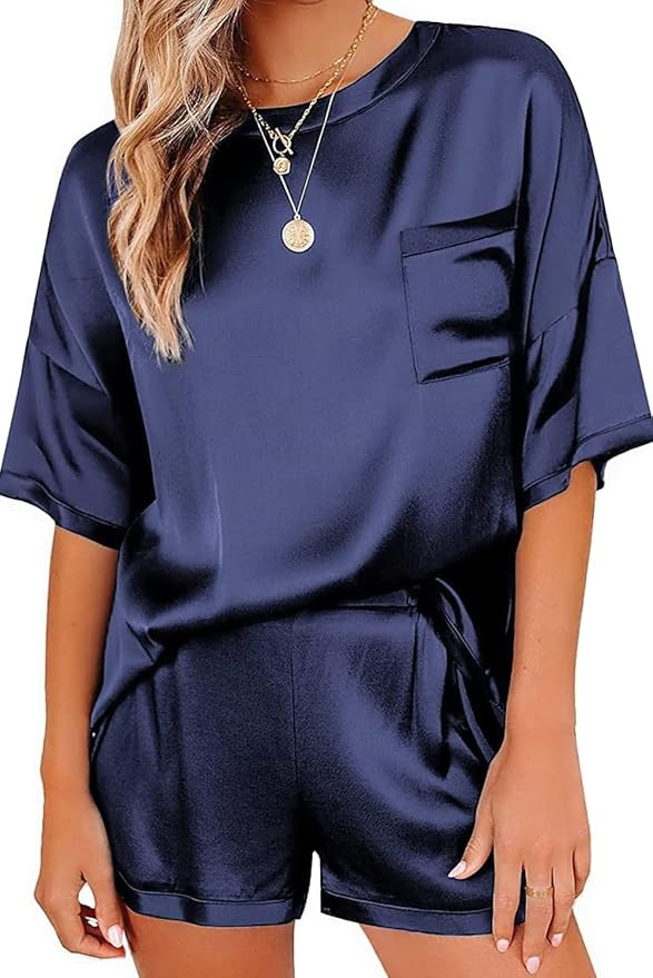 Ekouaer Satin Pajamas for Women Short Sleeve Silk Pajama Sets Soft Sleepwear Top wit... | Amazon (US)