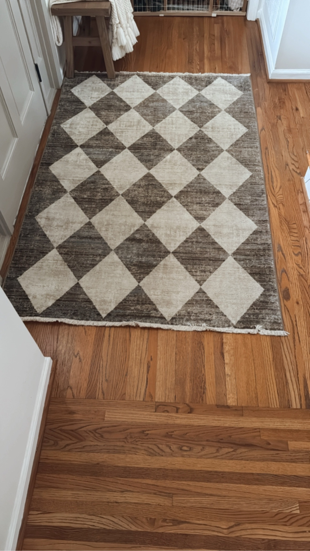 Checker rug 
I have this in several sizes- this is the 4x6 on front of my door, I have the 10 ft runner in the adjoining hallway and the 8 ft runner for my kitchen in front of the sink 

Beautiful checker pattern, neutral colors and fringe detail on the sides 

#LTKHome #LTKStyleTip #LTKSeasonal