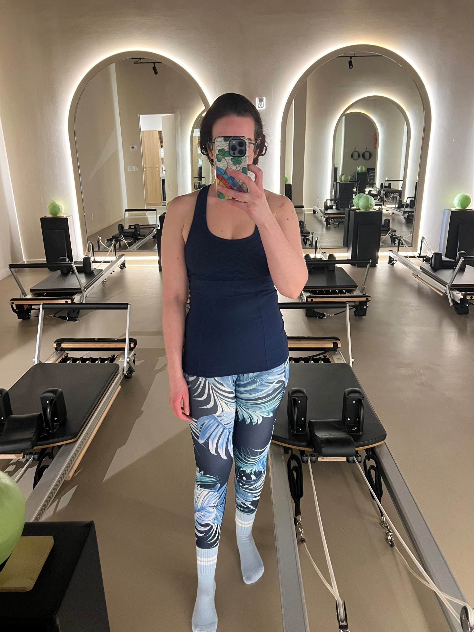 Navy blue workout top (m). Blue floral workout leggings (s). #top #workouttop #navybluetop #fitnessgear #pilatesoutfit #leggings #floralleggings #workoutleggings 

#LTKActive #LTKfitnessgoals #LTKootd