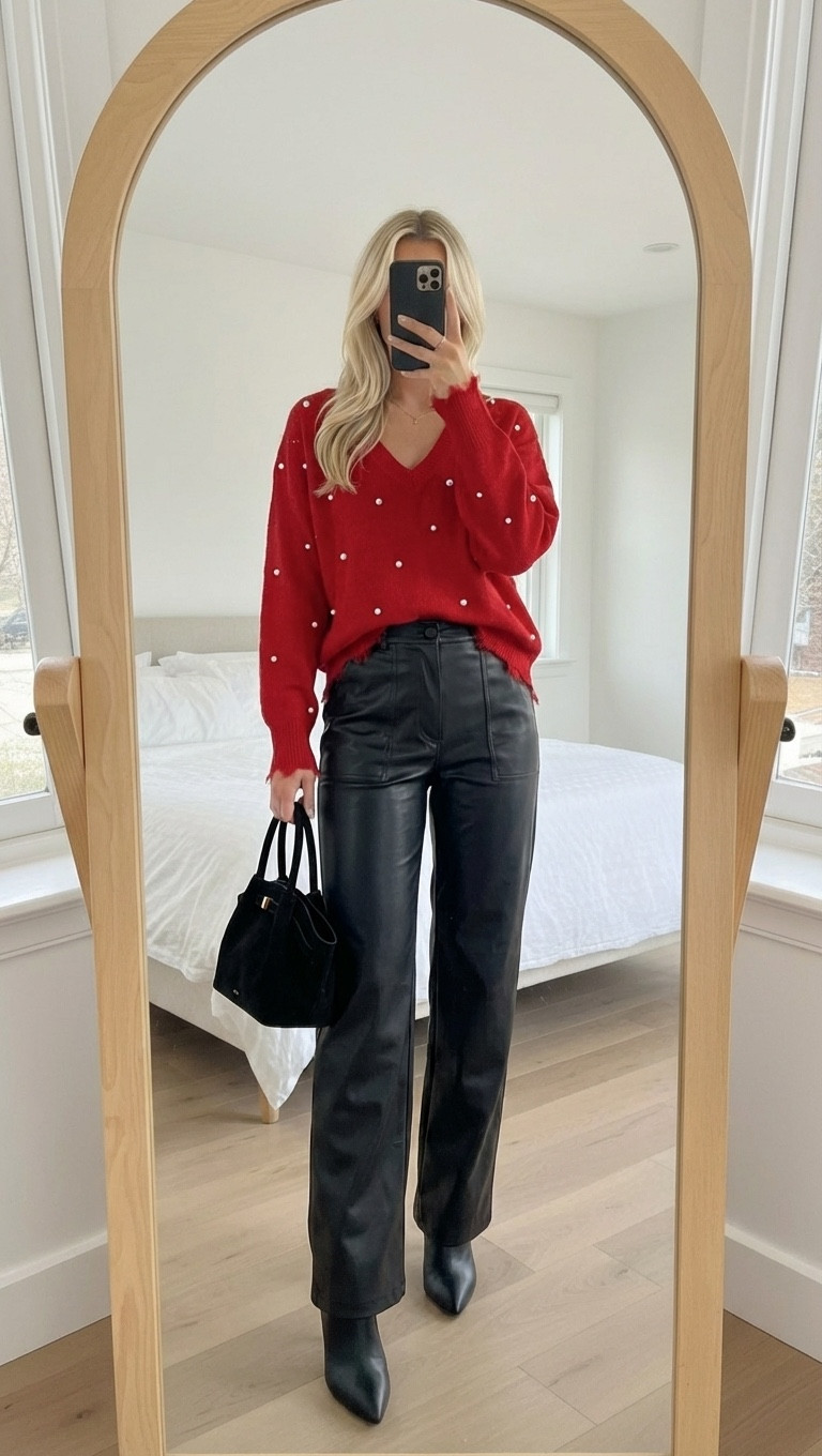 The *easiest* holiday outfit formula you’ll wear on repeat ❤️✨ A pearl-detail red sweater + black faux leather pants + pointed boots = classy Christmas outfit, elevated winter style, cozy chic outfit, holiday dinner look, festive work outfit, girls-night holiday style, and everything in between. This combo is comfy, polished, and instantly put-together.

holiday outfit ideas, Christmas sweater outfit, red sweater outfit, faux leather pants outfit, winter fashion inspo, chic holiday look, Amazon fashion finds, budget-friendly holiday style, trending winter outfits, cozy glam outfit, festive wardrobe staples, classy Christmas style, winter outfit ideas for moms, holiday party outfit inspo, closet essentials, everyday holiday style.

#HolidayStyle #WinterOutfits #LTKFinds


#LTKdayinmylife #LTKHoliday #LTKgrwm