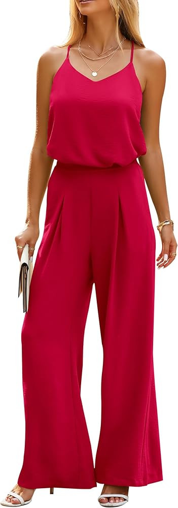 PRETTYGARDEN Womens 2 Piece Summer Sleeveless V Neck Cami Top Wide Leg Pants Set | Amazon (US)