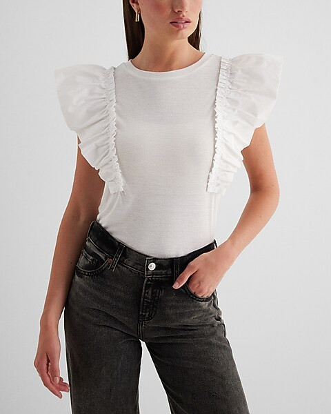 Skimming Linen-Blend Crew Neck Flutter Sleeve Tee | Express