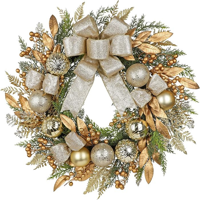 24 inch Gold Christmas Door Wreath with Bow, Pine Wreaths for Front Door with Golden Ball Leaf St... | Amazon (US)