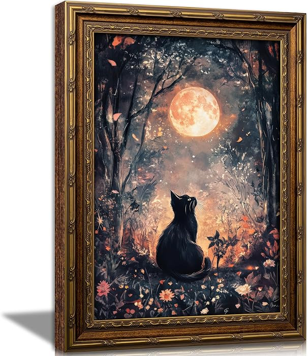 Vintage Gold Framed Black Cat Canvas Wall Art Dark Academia Gothic Full Moon Painting Picture Wal... | Amazon (US)