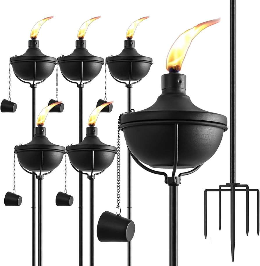 Home Garden Torch Set of 6, Outdoor Metal Torches with 5-Prong Grounded Stake, 56-Inch Adjustable... | Amazon (US)