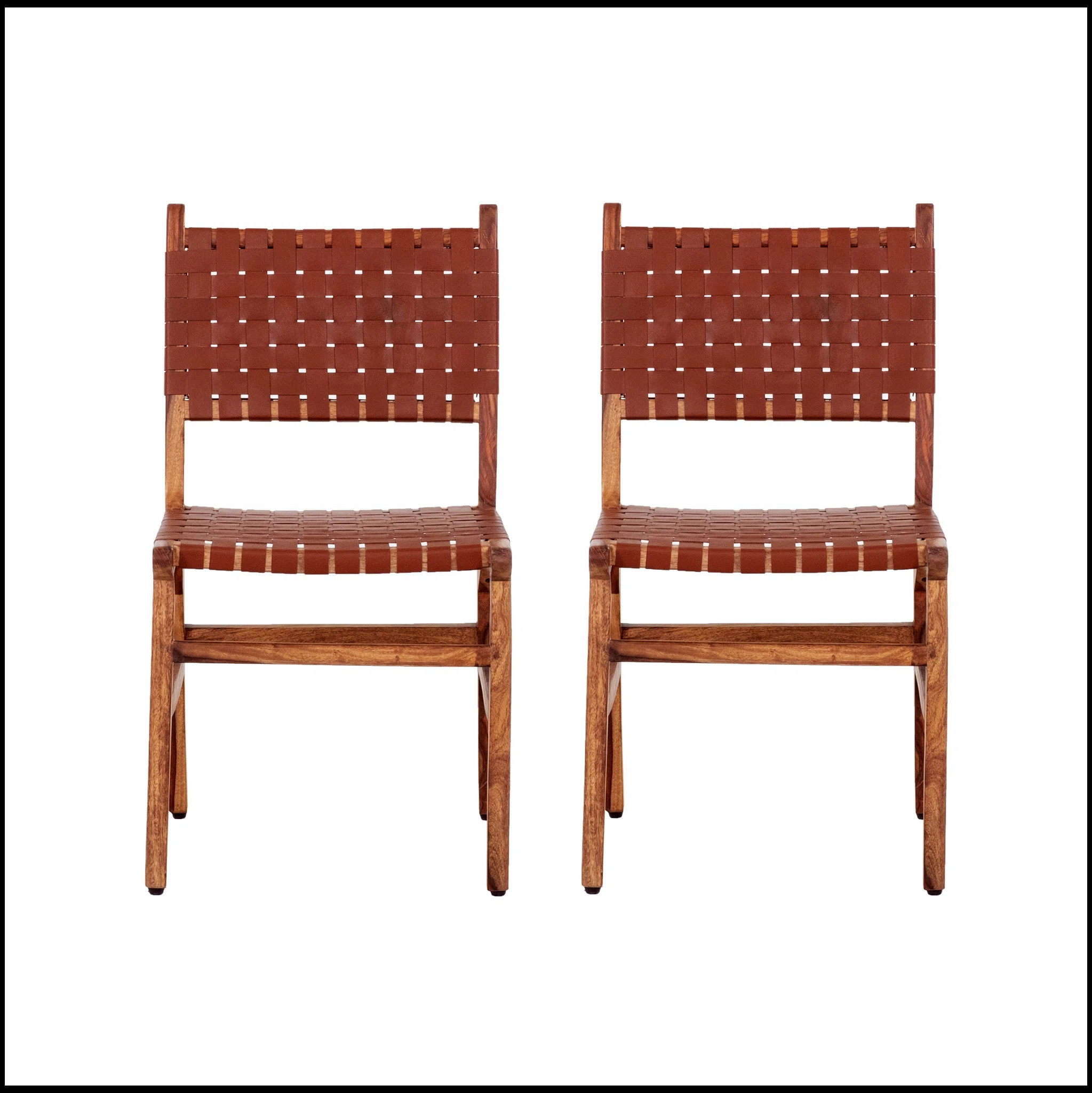 Loon Peak® Upholstered Dining Chair Set of 2, Genuine Leather Woven Seats, Rustic Hardwood Frame... | Wayfair North America