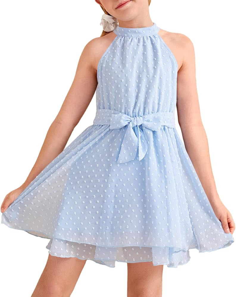 Valpweet Girl's Summer Mini Dress Halter Neck Sleeveless Swiss Dot Ruffle A-Line Swing Casual Sun... | Amazon (US)