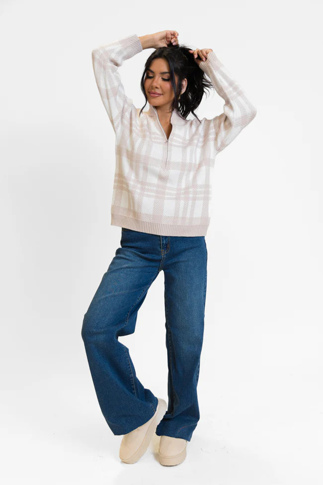 Make It Count Beige Plaid Printed Quarter Zip Pullover FINAL SALE | Pink Lily