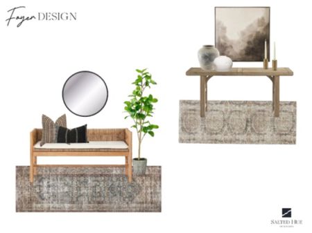 Foyer design. Console table. Runner rug. Bench. Round mirror. Faux tree. Canvas. Wall art. Decor  

#LTKsalealert #LTKstyletip #LTKhome