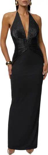 Enchanted Plunge Neck Mixed Media Gown | Nordstrom