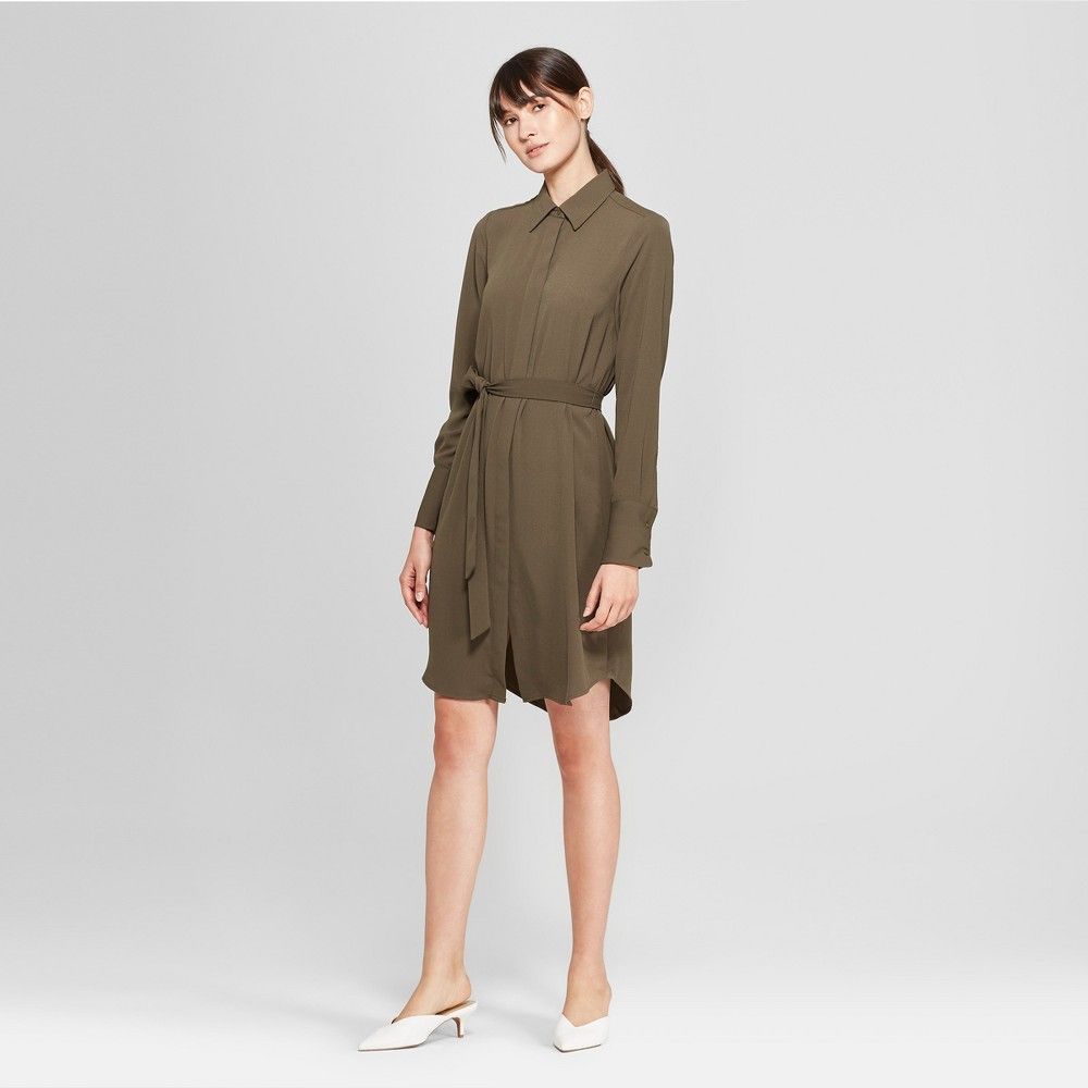 Women's Long Sleeve Collared Shirt Dress - Prologue Olive (Green) L | Target