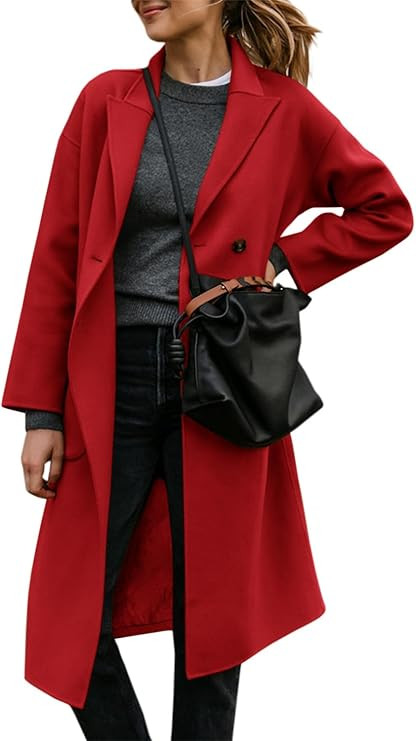 FSHAOES Womens Lapel Peacoat Winter Double-Breasted Outerwear Mid Long Jacket Casual Trench Coat | Amazon (US)