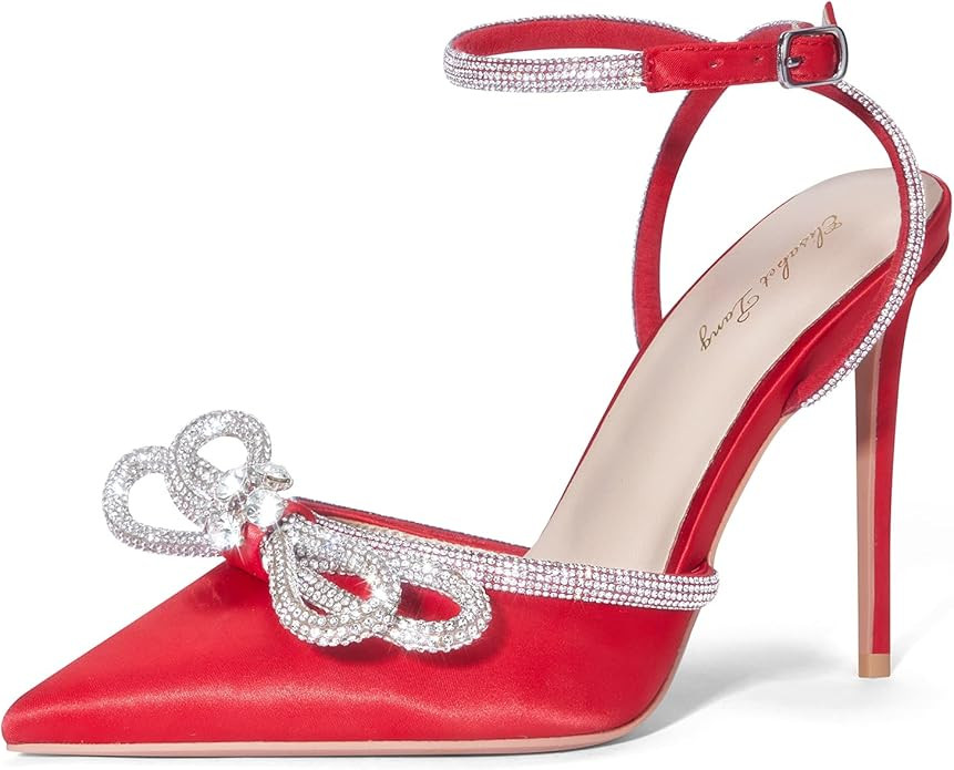Elisabet Tang Women's High Heel Pumps,Satin Rhinestone Bowknot Lace Up Sandals Pointed Toe Ankle ... | Amazon (US)