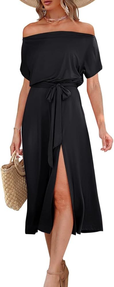Women's Off Shoulder Side Split Short Sleeve Maxi Dresses Slit Boat Neck Long Dress with Pockets | Amazon (US)