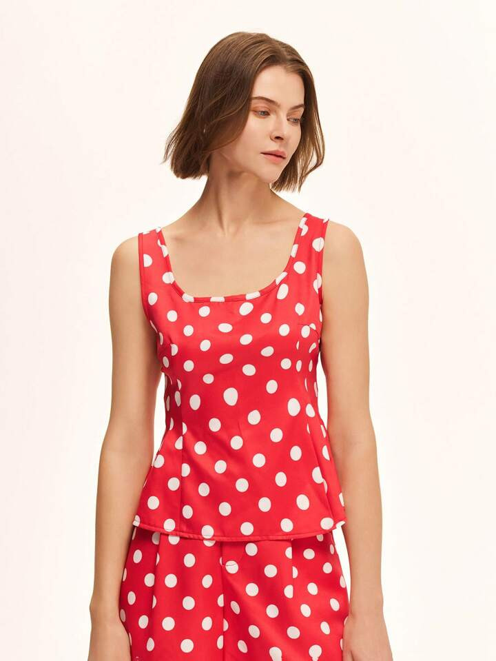Zielony Women's Square Neck Casual Polka Dot Cinched Waist Tank Top | SHEIN