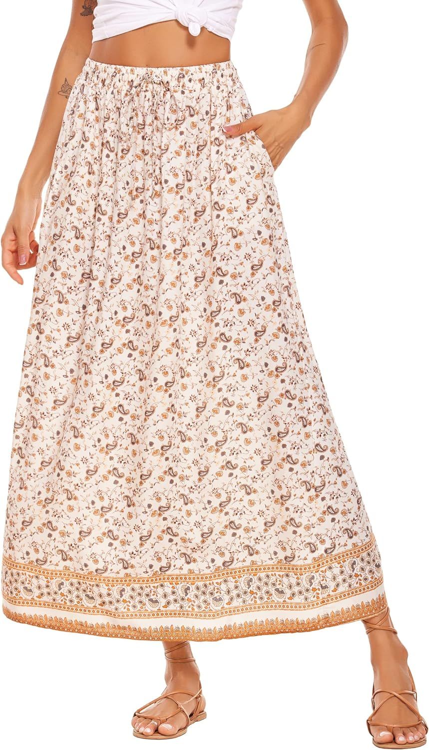 Chigant Women's Boho Floral Skirt Elastic High Waist Tie Maxi Skirts Flowy A Line Bohemian Long S... | Amazon (US)